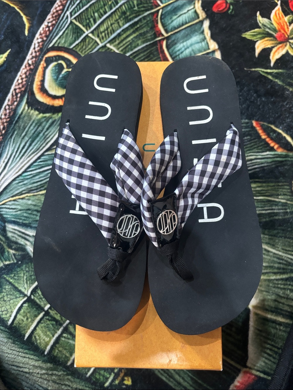 Unisa Black Flip Flops with Gingham Straps